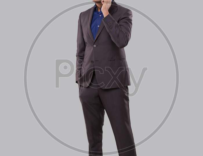 Businessman Talking On Phone Isolated. Indian Businessman Standing Full Length