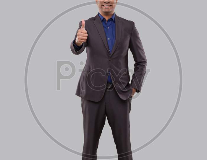 Businessman Showing Thump Up Isolated. Indian Man Standing Full Lenght