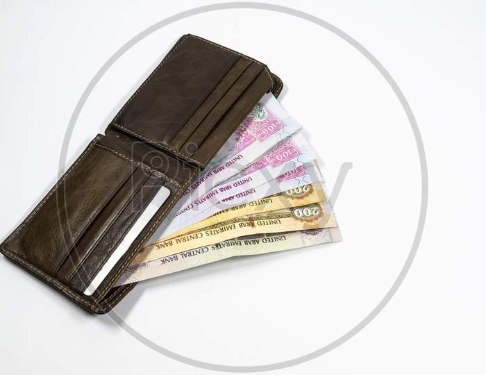 Uae Currency From Wallet, With White Background, Uae Dirhams