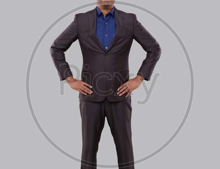 Businessman Smilling Hands To Sides Isolated. Indian Businessman Standing Full Length
