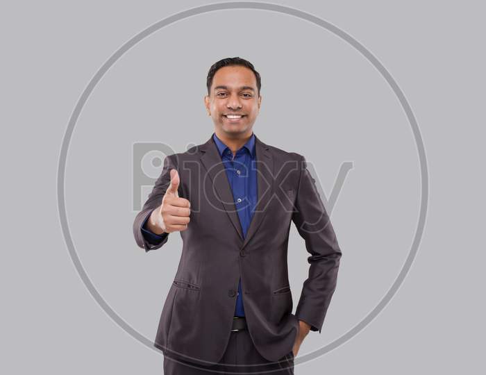 Businessman Showing Thump Up Isolated. Indian Business Man Standing Thump Up Sign