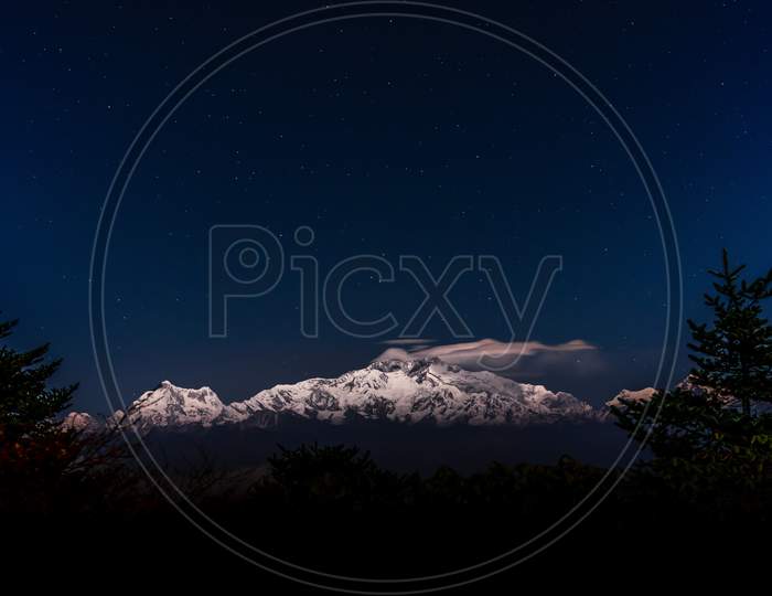 A Night Landscape Of A Mighty Himalayan Range With Blue Sky Full Of Stars In The Background