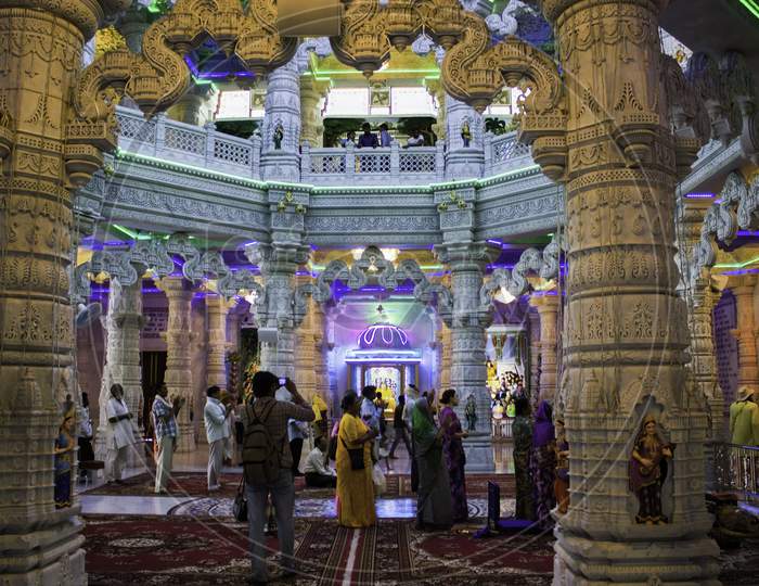 Mathura, India - April 11, 2014: Interior Of Prem Mandir (Love Temple) A Hindu Temple In Vrindavan. It Is Maintained By Jagadguru Kripalu Parishat, An International Non-Profit, Educational, Spiritual, Charitable Trust