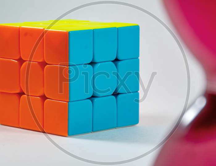 Rubiks Cube image on a white background. A Puzzle solving game with a unique technique or formula