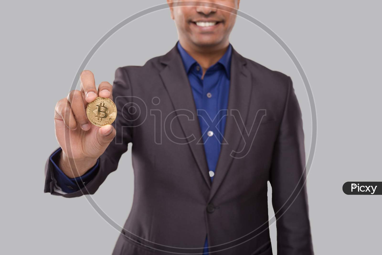 Businessman Showing Bitcoin Smilling Close Up. Business Man Cypto Currency.