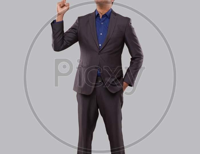 Businessman Poiting Up Isolated. Indian Man Standing Full Lenght