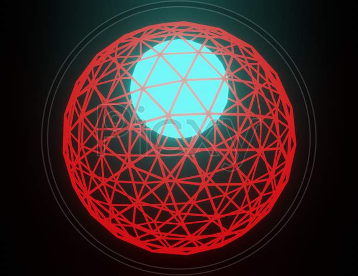 Illustration Graphic Of Red Wireframe Sphere Or Circle With A Glowing Blue Color Energy Ball At Center, Isolated On Black Background Seamless Loop Design. Abstract Polygon Globe With Shadow.