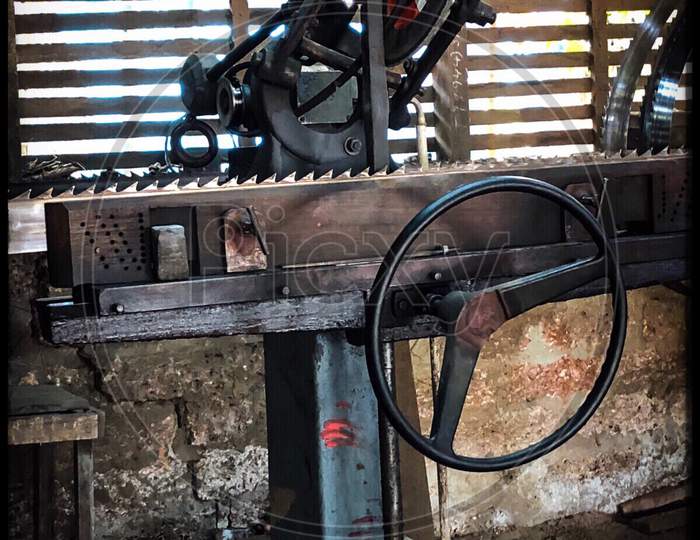 Close Up View Of Wood Cutting Machine In Wood Mill