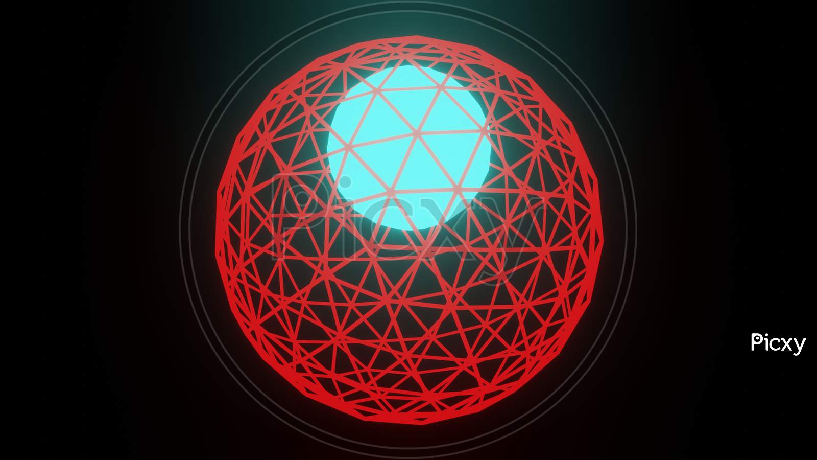 Illustration Graphic Of Red Wireframe Sphere Or Circle With A Glowing Blue Color Energy Ball At Center, Isolated On Black Background Seamless Loop Design. Abstract Polygon Globe With Shadow.
