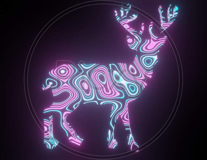 Illustration Graphic Of Beautiful Texture Or Pattern Formation On The Deer Body Shape, Isolated On Black Background. 3D Rendering Abstract Loop Neon Lighting Effect On Reindeer.