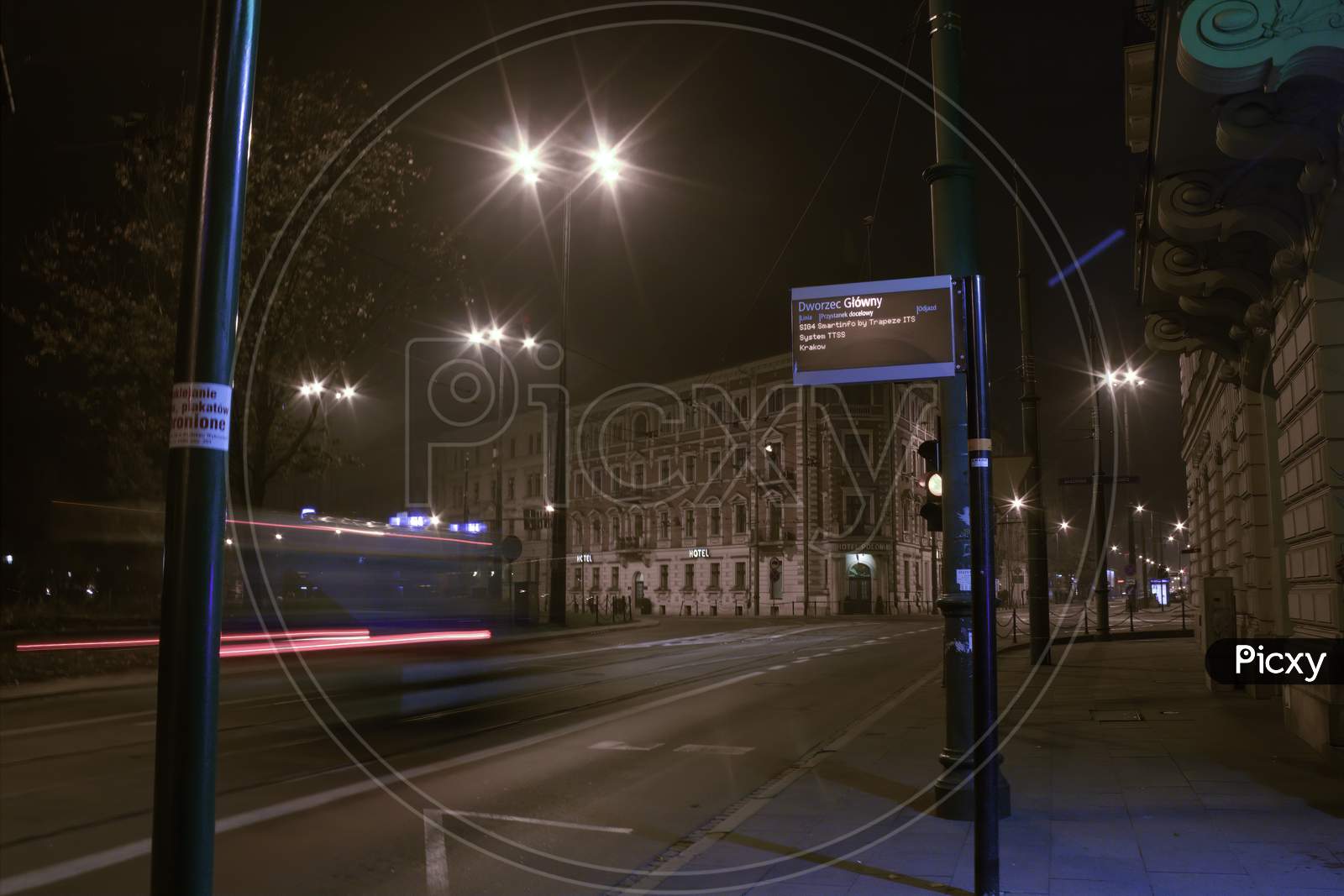 Krakow, Poland - October 5, 2014: Night Photography Of Main Center Square Street From A Tram Stand.