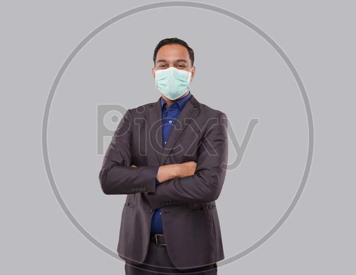 Businessman Hands Crossed Wearing Medical Mask Isolated. Indian Businessman Standing
