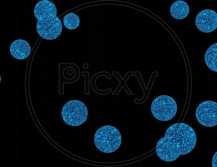 Illustration Graphic Of 3D Abstract Wired Frame Plasma Sphere Or Circle, Isolated On The Black Background. Blue Color Energy Ball Object Floating On The Frame.