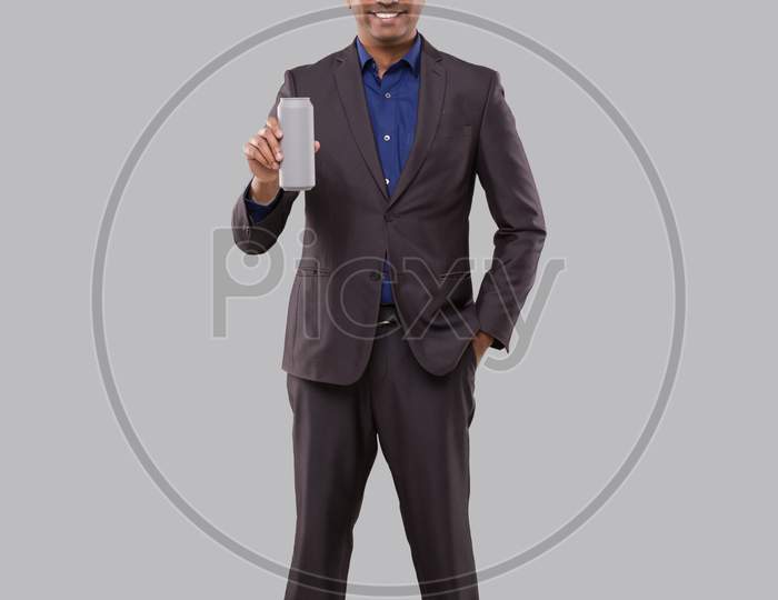 Businessman Holding Beer Tin Can. Indian Business Man Standing Full Length.