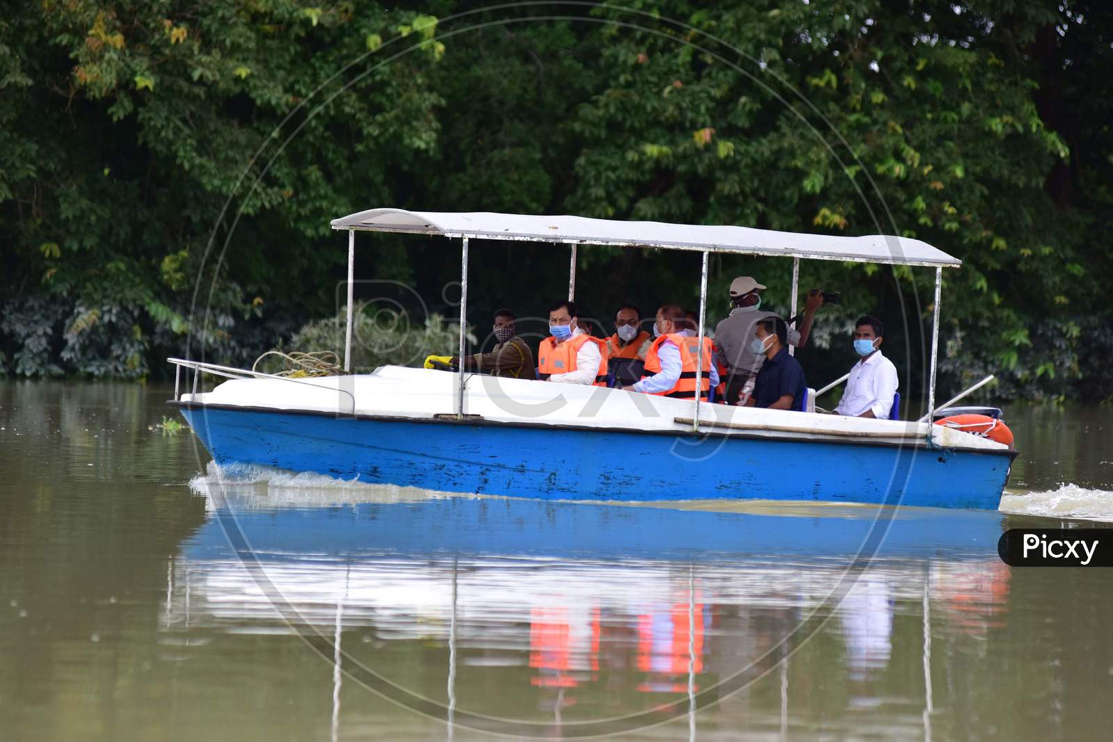 Sarbananda Sonowal, Chief Minister of Assam visits the flood-affected areas of the Kaziranga National Park in Nagaon, Assam on July 16, 2020