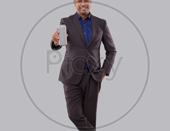 Businessman Holding Beer Tin Can. Indian Business Man Standing Full Length.