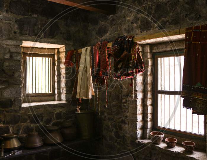 clothes on a line inside house