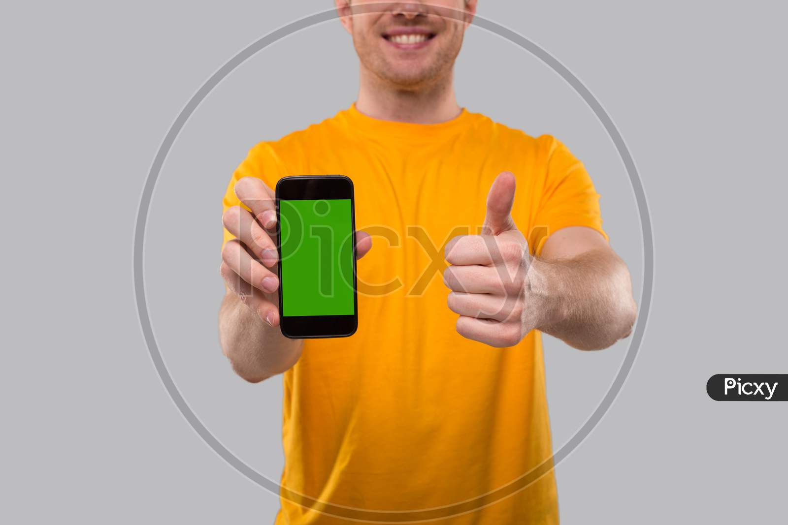 Man Holding Phone Showing Thumb Up. Home Delivery. Order Online Technology. Phone Green Screen Close Up