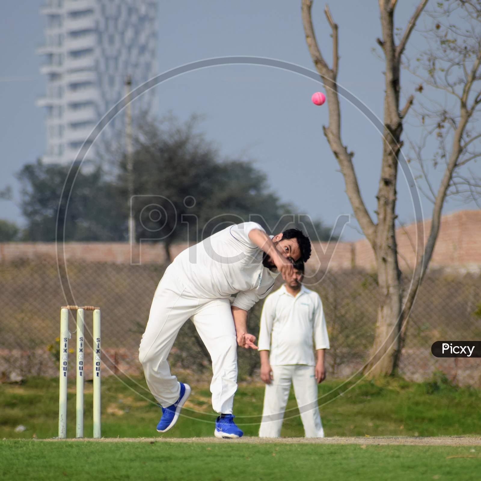 Full length of cricketer playing on field during sunny day, Cricketer on the field in action, Players playing cricket match at field