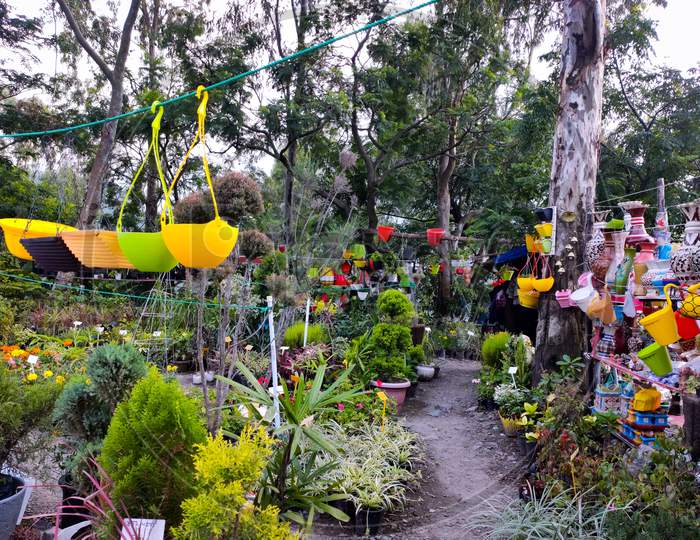 A nursery with variety of flowers and pots for selling.