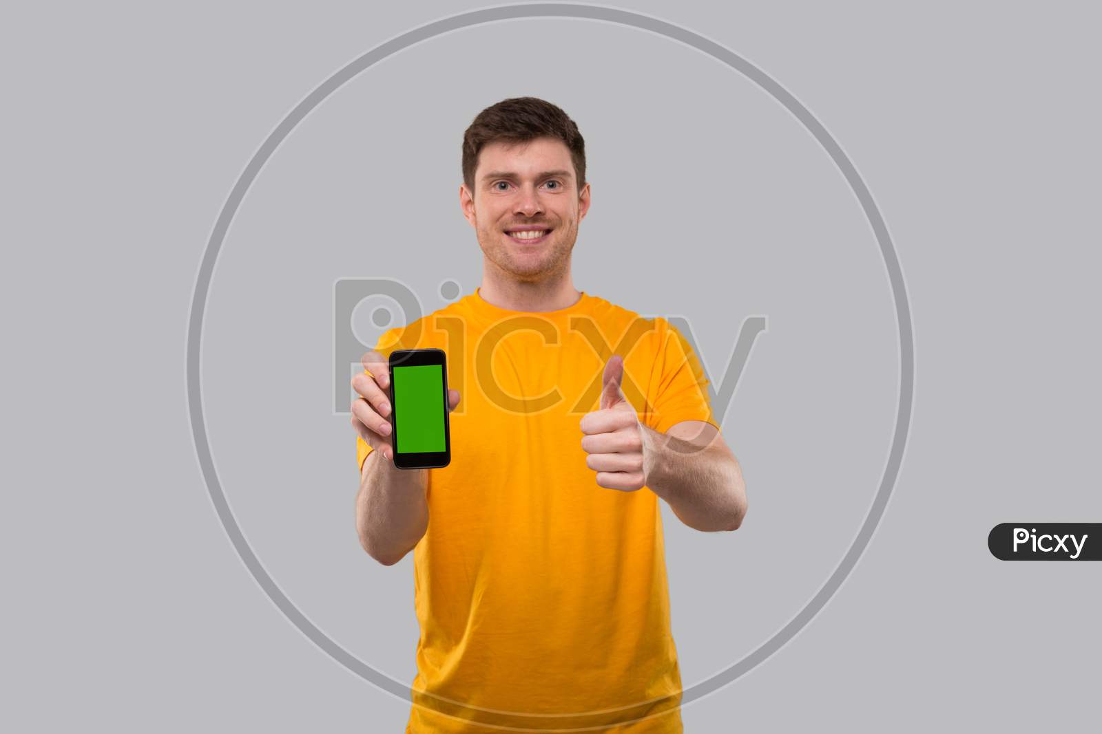 Man Holding Phone Showing Thumb Up. Home Delivery. Order Online Technology. Phone Green Screen.