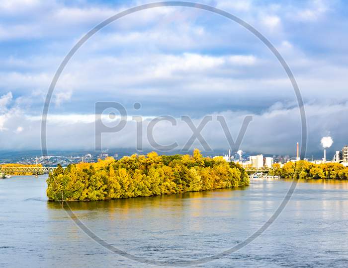 Panorama Of The Rhine River Between Mainz And Wiesbaden In Germany