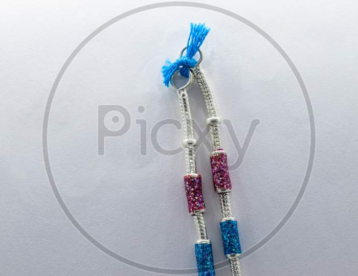 Silver Leg Chain Design With Red And Blue Stones (Anklet)