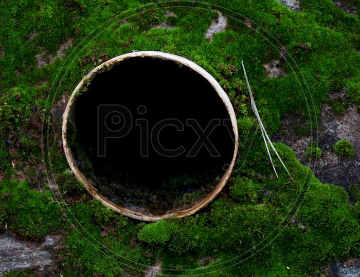 Close Up Shot Of Open Drainage Pipe Hole On The Wall With Moss