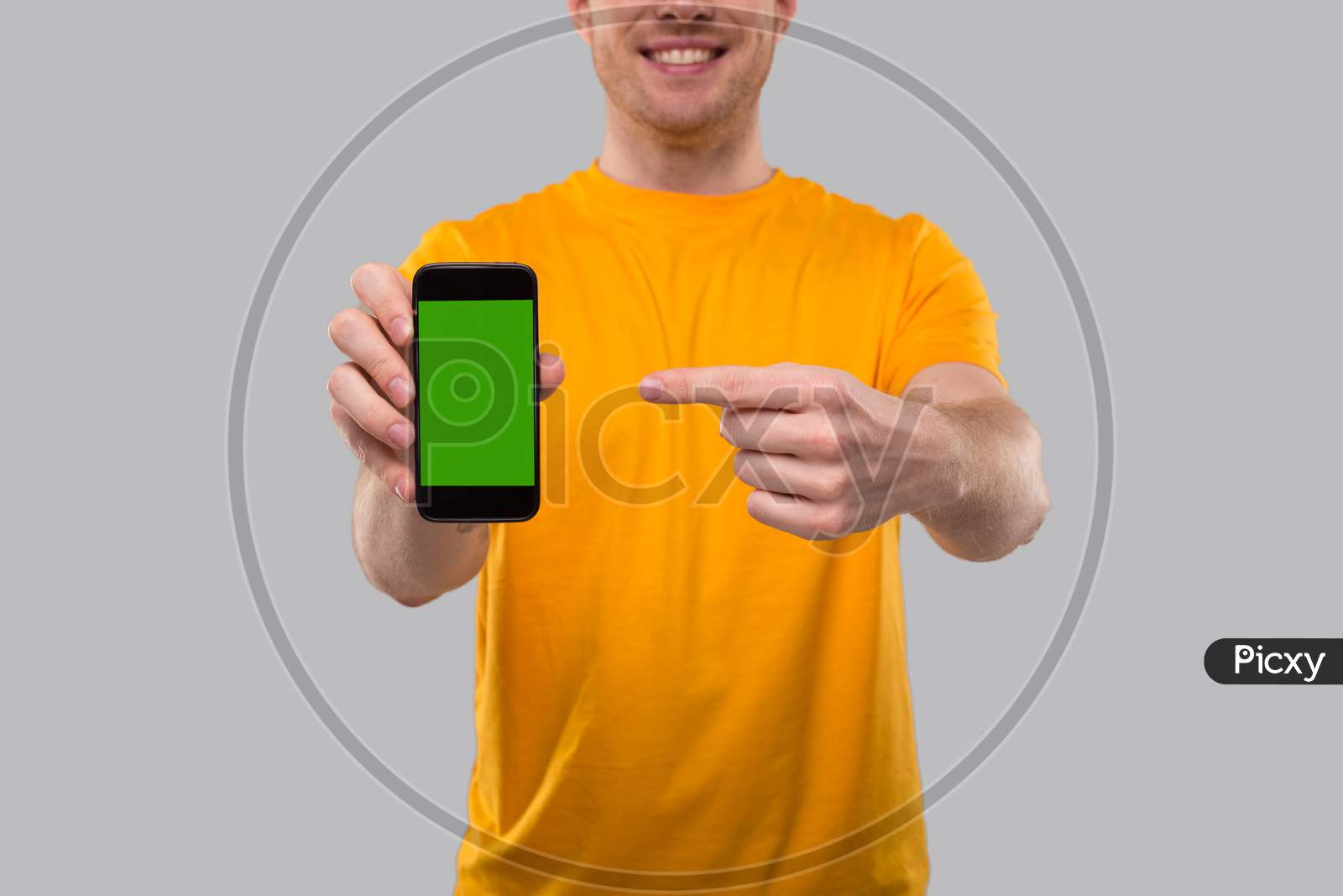 Man Pointing In Phone. Home Delivery. Order Online Technology. Phone Green Screen. Man Smiling. Phone Close Up