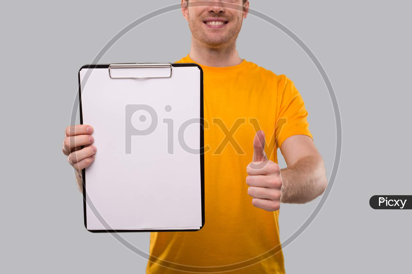 Man Thumb Up With Clipboard. Blank Clipboard In Hands. Clip Board Close Up