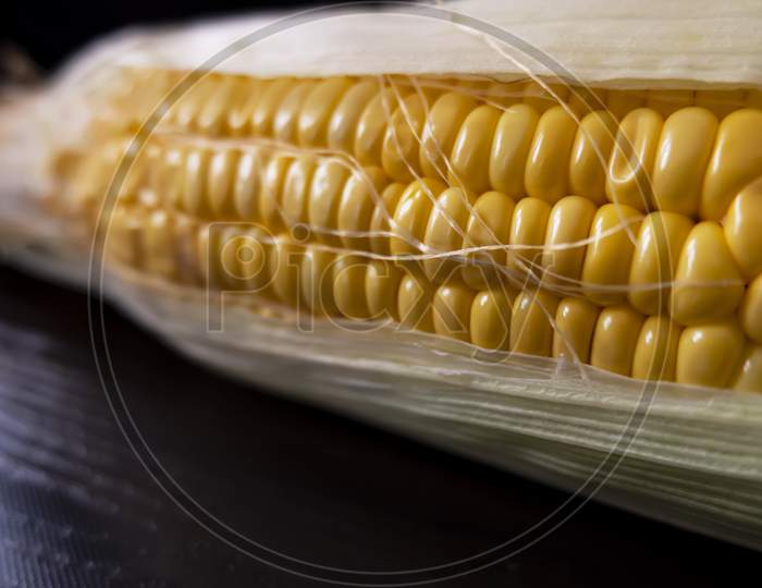 Fresh Raw Maize Corn & Leaves On Horizontal