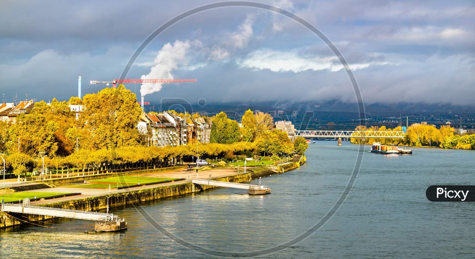 Panorama Of The Rhine River Between Mainz And Wiesbaden In Germany