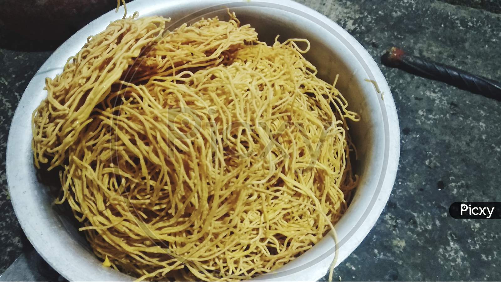 Delicious indian food Namkeen sev closeup home made breakfast