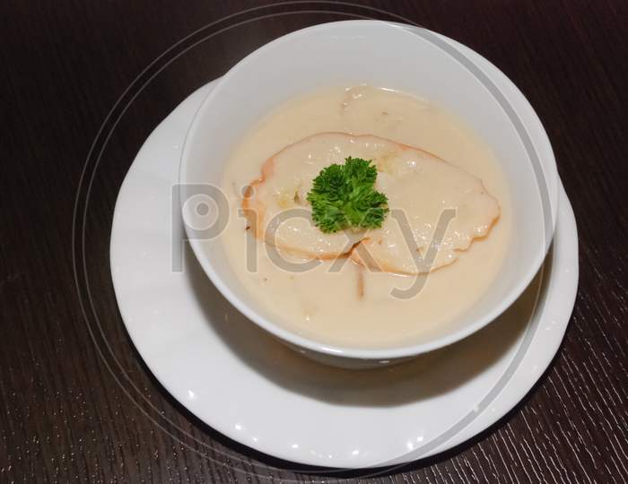 Creamy Mushroom Soup In The White Bowl