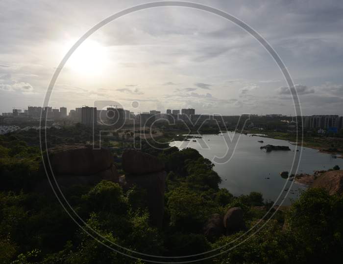 a view of Khajaguda Lake which is being encroached in the recent times, July 17, 2020, Hyderabad
