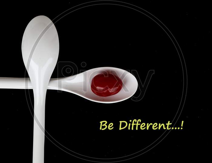 Red Color Cherry Fruits In A White Spoon Against Dark Background, With Copy Space, Caption
