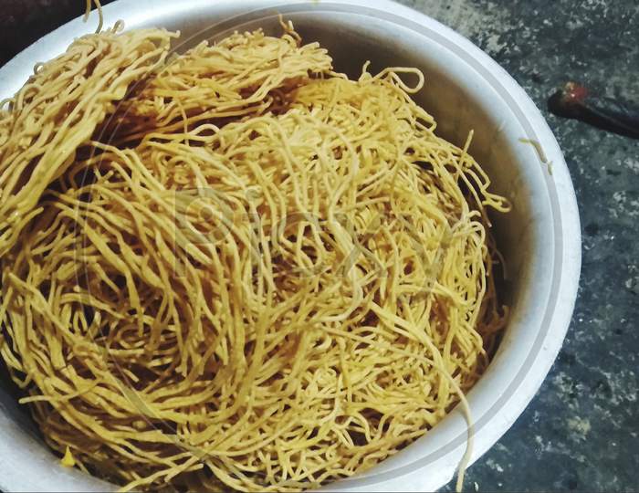 Delicious indian food Namkeen sev closeup home made breakfast