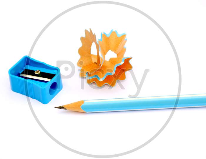 the sky blue wooden pencil with sharpner isolated on white background.