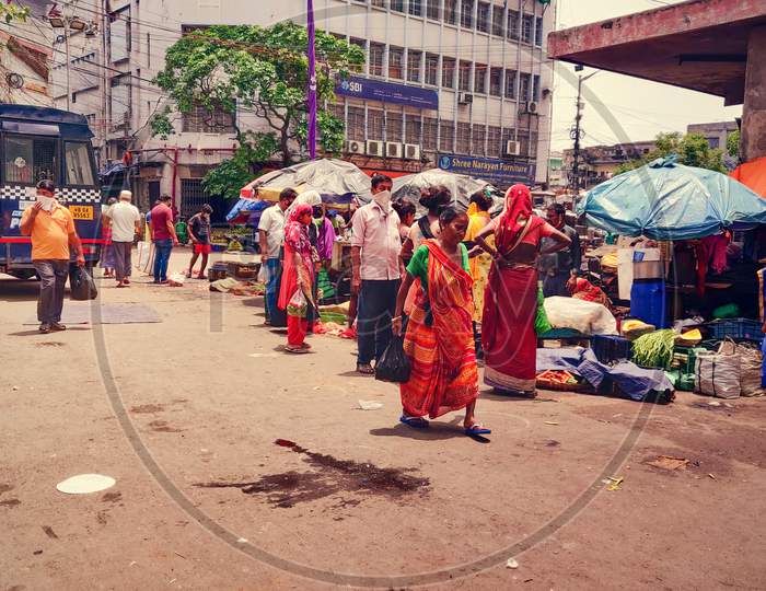 Masked People are buying vegetables and meats in Kolkata, West Bengal, India during Unlock 2.0 on 28th June 2020