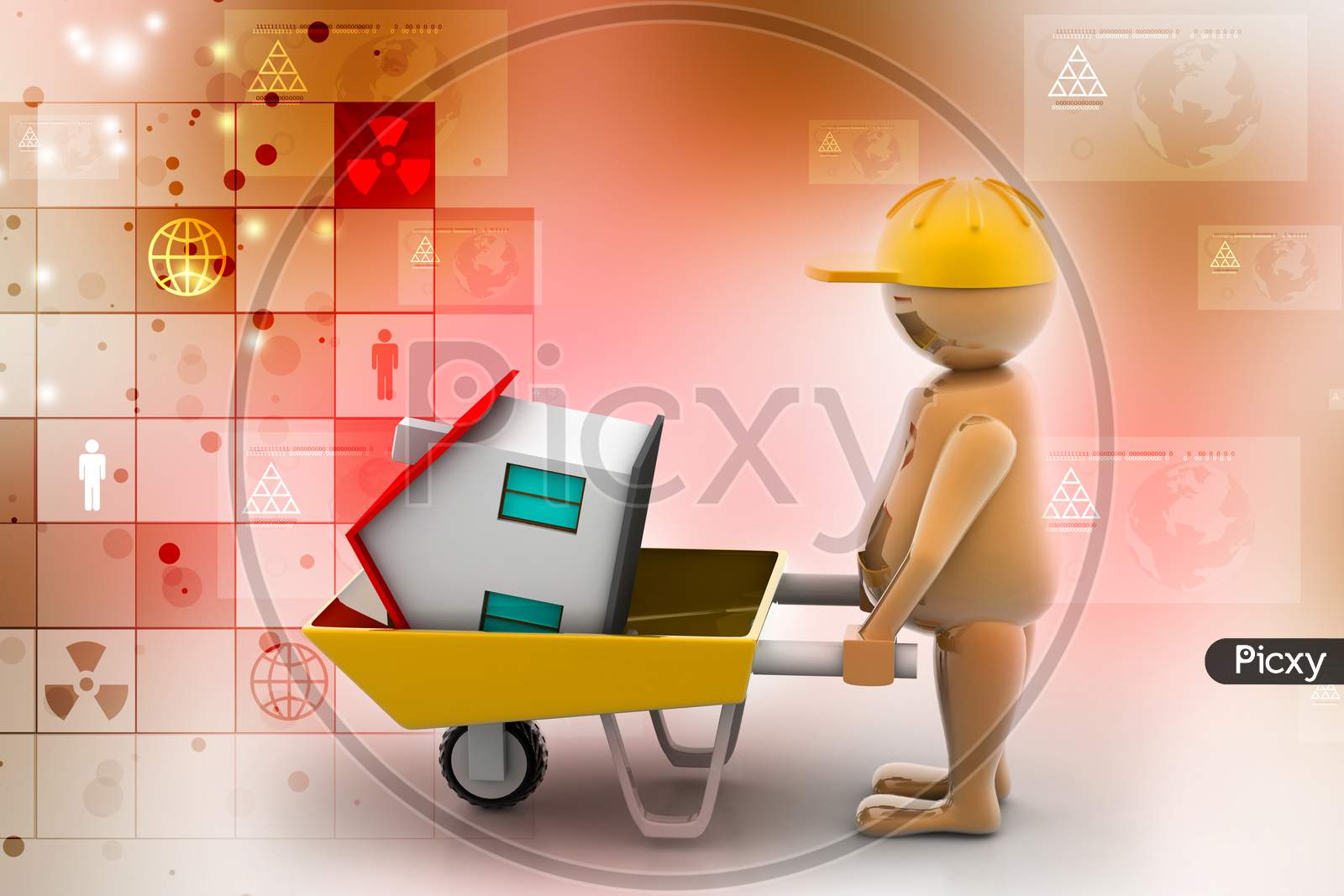 3D Multi Use Construction Worker With A Wheelbarrow In Color Background