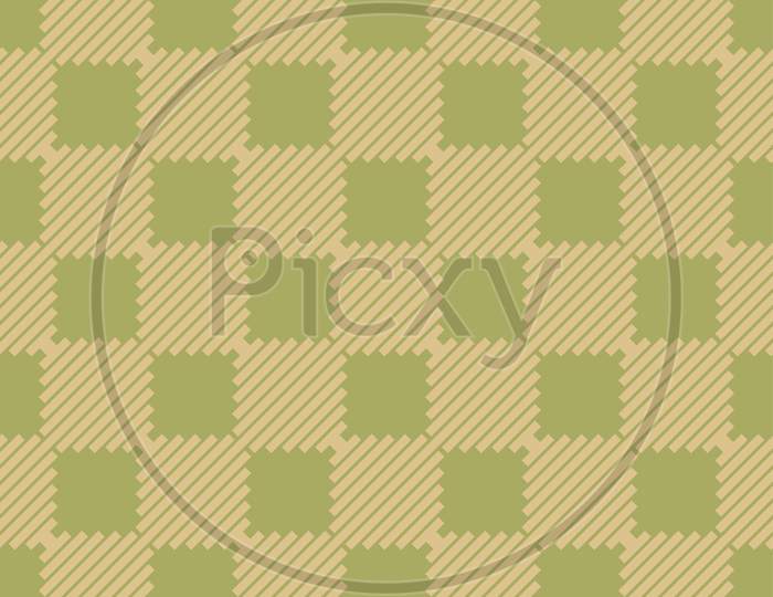 Yellow Squares From Lines On Green Textile Seamless Background.