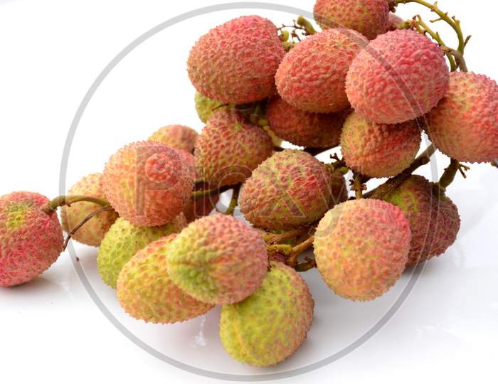 bunch the red ripe lychee isolated on white background.