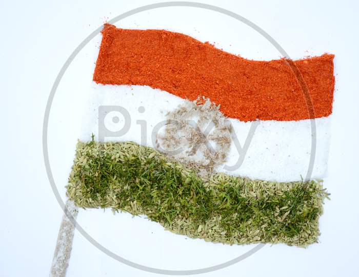 the indian flag from red chilly,white salt,and green anise, in the memorial day or veteran's day.