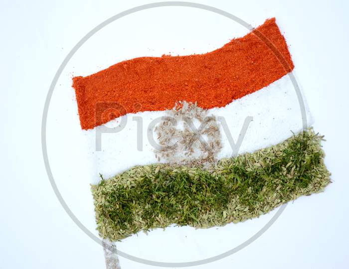 the indian flag from red chilly, white salt, and green anise, in the memorial day or veteran's day.