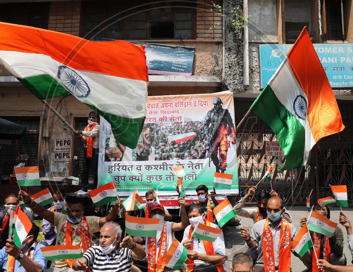 Shiv sena activists in Jammu shout slogans in praise of security forces for saving the life of a minor boy during a terror attack in Sopore township of North Kashmir Baramulla District. A CRPF jawan and a civilian were killed in the attack.