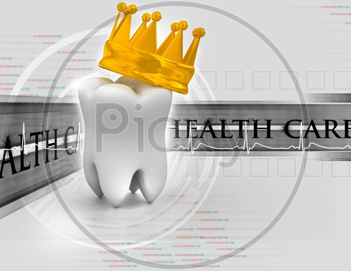 3D White Tooth With Crown On Top