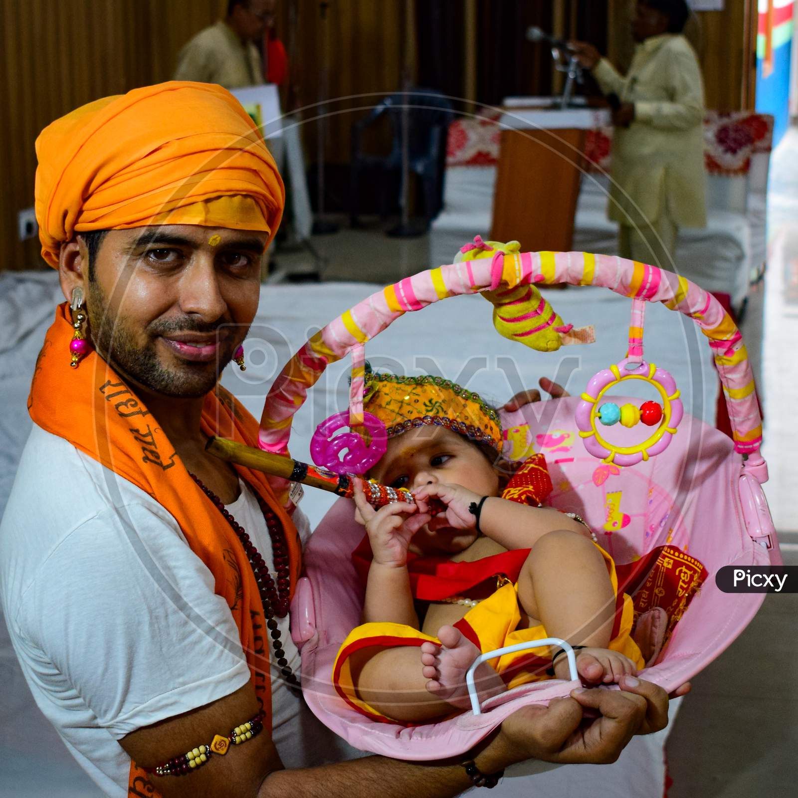 Delhi, India - September 9, 2019 : Cute Indian Kids dressed up as little Lord Krishna Radha on the occasion of Krishna Janmastami Festival in Delhi India