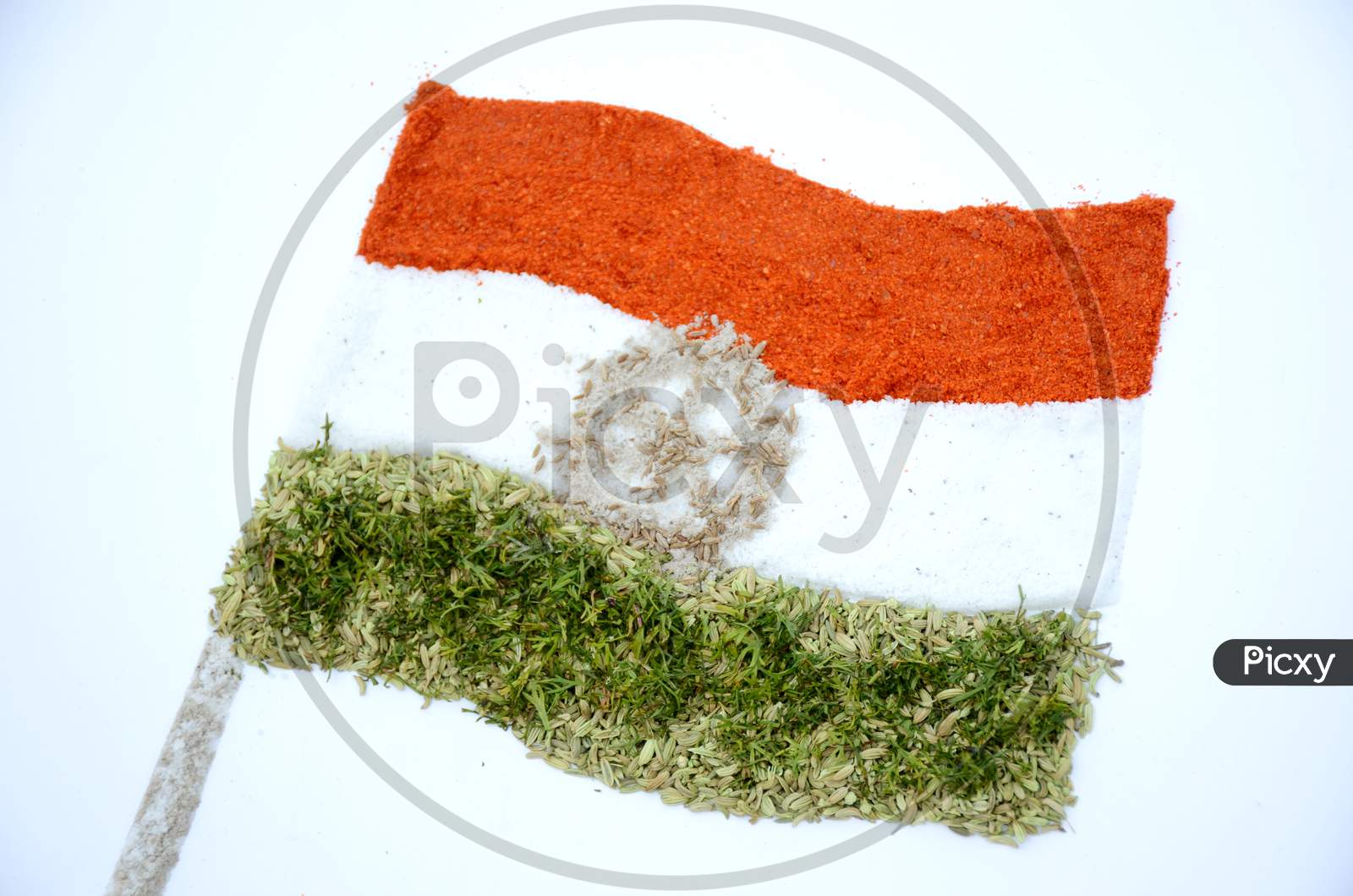 the indian flag from red chilly,white salt,and green anise in the memorial day or veteran's day