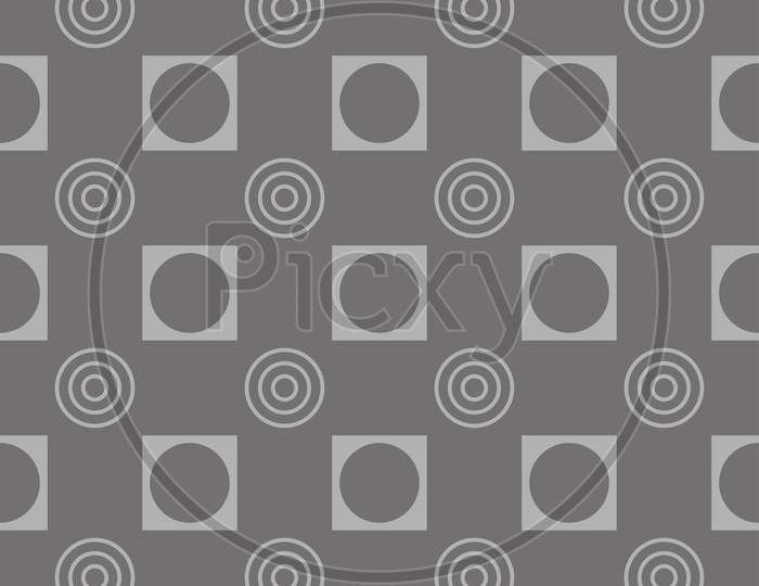 Pattern From Circles And Squares On Grey Seamless Background.