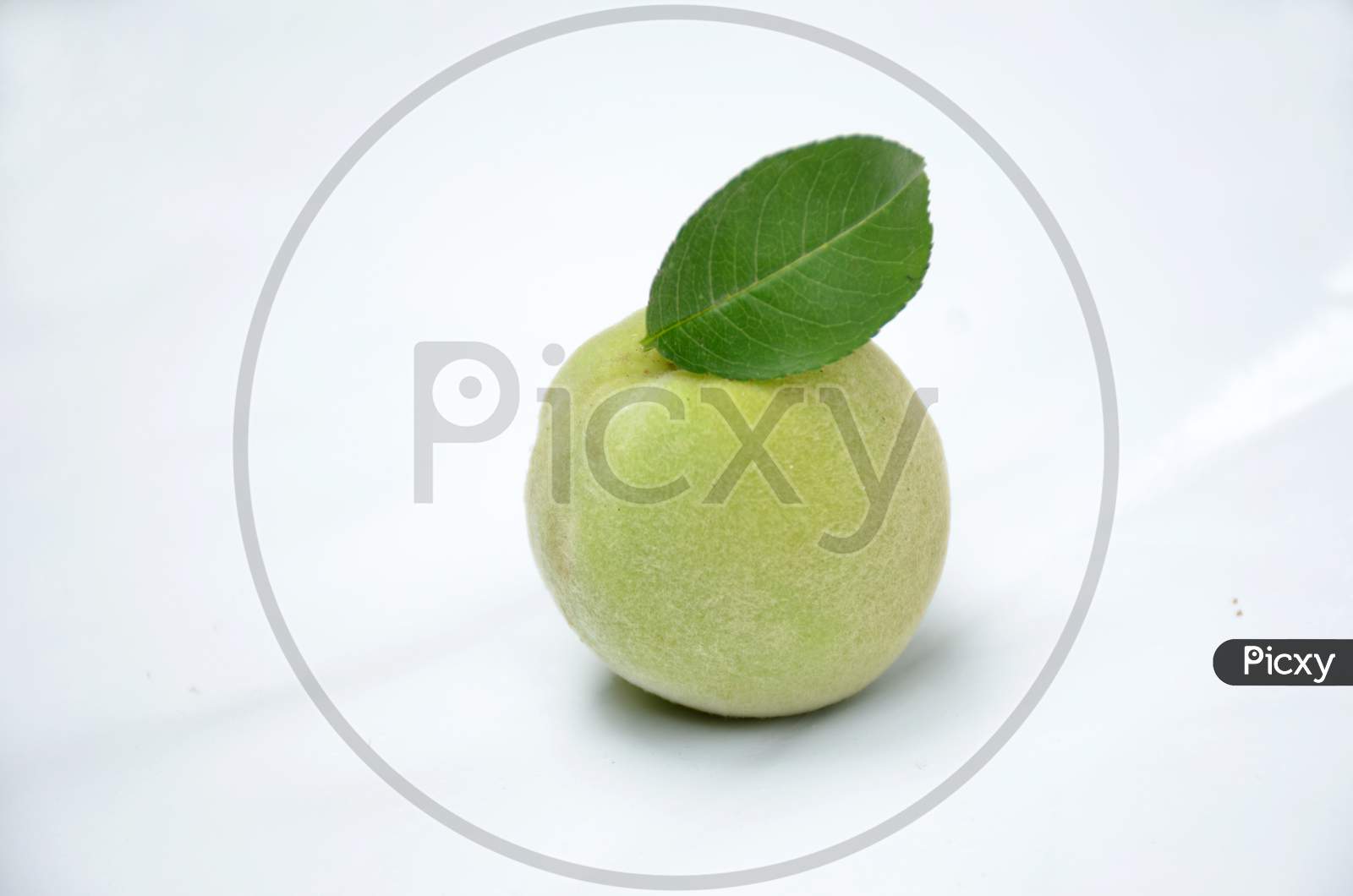 ripe green peach with leaf isolated on white background.